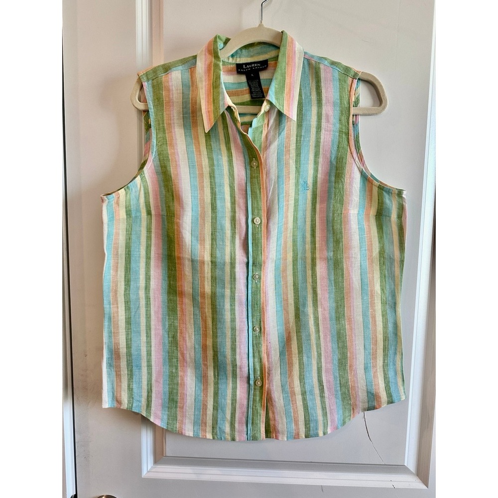 Lauren Ralph Lauren Sleeveless 100% Linen Shirt Spring Summer Women's L